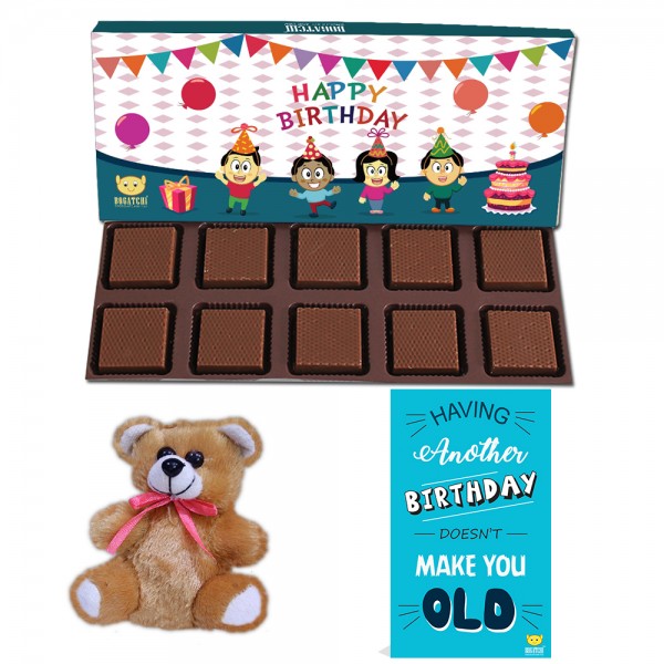 Bogatchi Happy Birthday Chocolates 10 pcs, With Free Teddy and Greeting Card